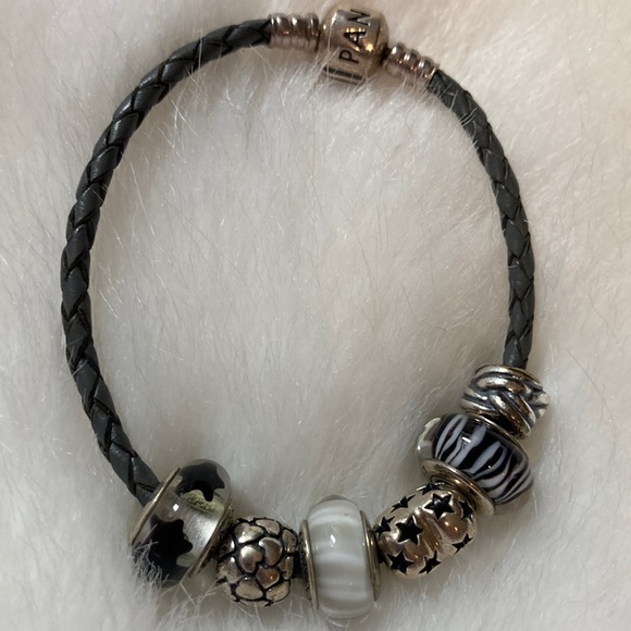 Pandora Jewelry Authentic Pandora Rope Bracelet Gray Braid With Silverblack And White Stars